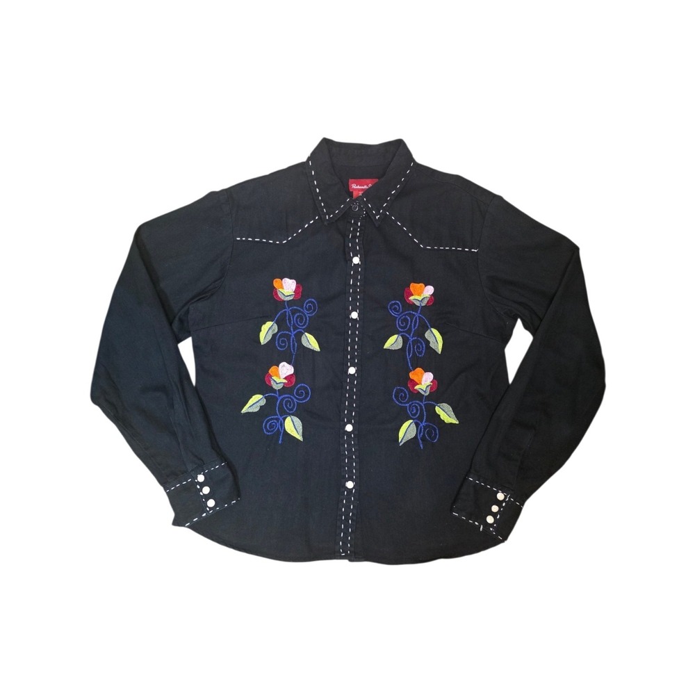 Panhandle Slim Western Shirt Womens Large Black Floral Embroidered Snap
